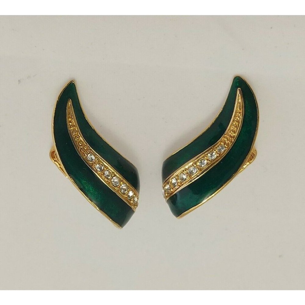 Vintage Leaf design green enamel gold tone clip earrings rhinestones 1.5"